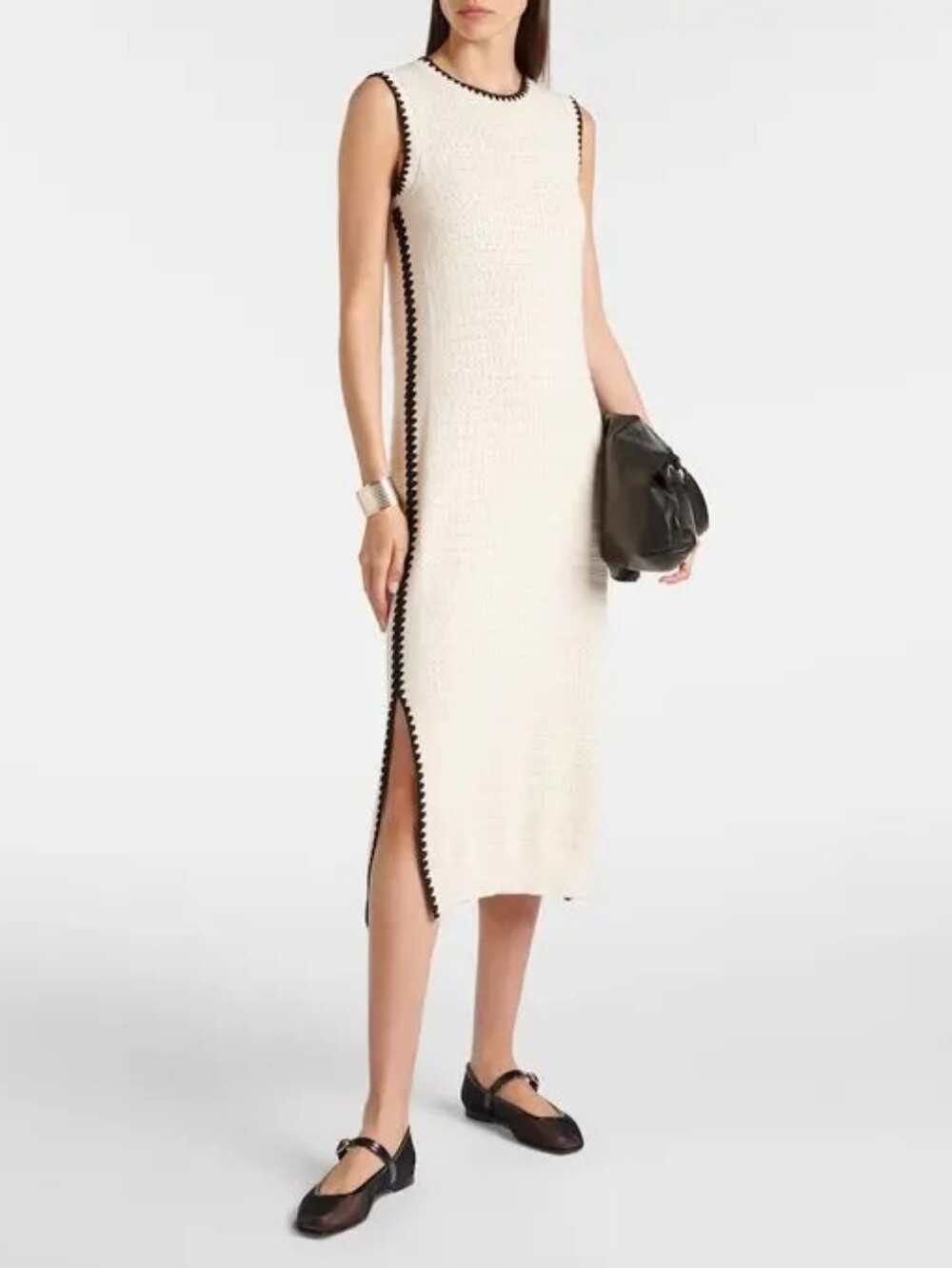 Varley Dwight Tank Knit Dress Ivory Black Scallop Trim Pointelle Cotton Knit Med